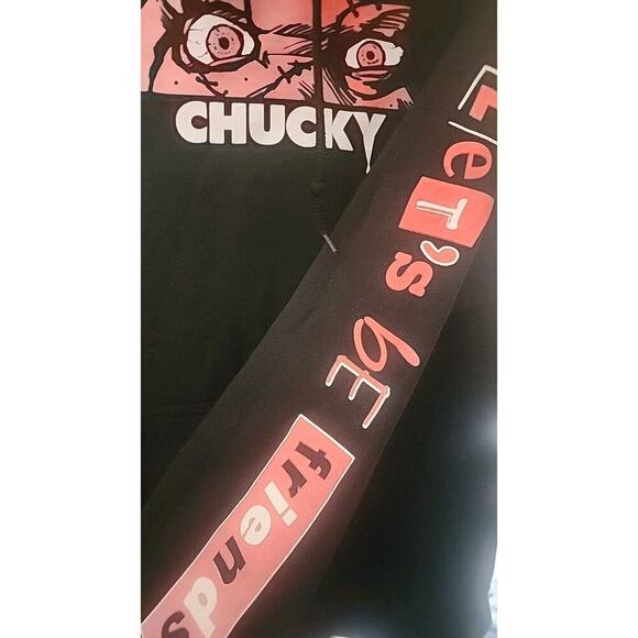 Chucky Doll Let's Be Friends Black Hoodie Hooded Sweatshirt Medium A121 Nice - Picture 3 of 4